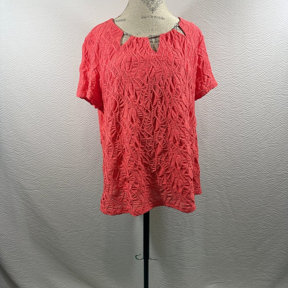 Sag Harbor Woman Lace Look Overlay Top (1X) Textured Embellished Neckline Coral